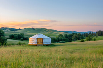 Traditional Yurt Amid Serene Natural Landscape at Sunrise or Sunset, Highlighting Sustainable and Peaceful Lifestyle
