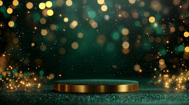 A shimmering emerald stage awaits, bathed in golden bokeh, a magical scene for a grand celebration or prestigious award ceremony.