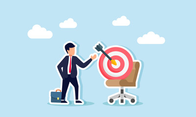 A businessman talks with a target board placed on an office chair, illustration of business target evaluation