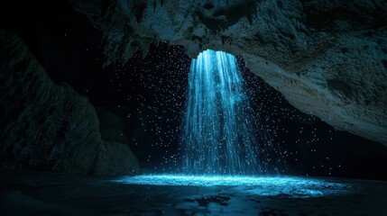 A glowing cave where a waterfall drops under moonlight, stars filtering through from the surface