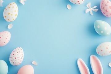 Easter background with pastel eggs, petals, and bunny ears on a blue surface, offering centered blank space for greetings, posters, or seasonal product showcases