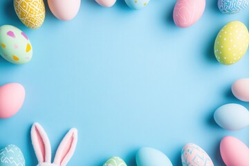 Playful Easter background with pastel eggs and bunny ears on a blue backdrop, leaving center space ideal for text, social media banners, or holiday promotions
