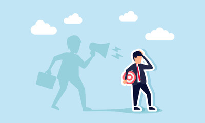 A sad businessman holds a target board while his shadow behind him yells with a megaphone, illustration of lack confidence in complete his work target and need motivation