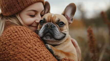 A French Bulldog being gently held by its owner, both sharing a heartwarming moment