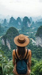 Woman Hiking with Mountain View.