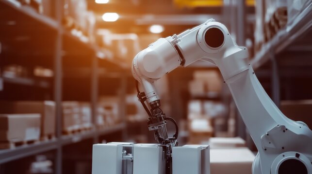 A robotic arm in a smart warehouse, assembling automated sorting systems with AI precision for logistics and delivery, Warehouse-tech style