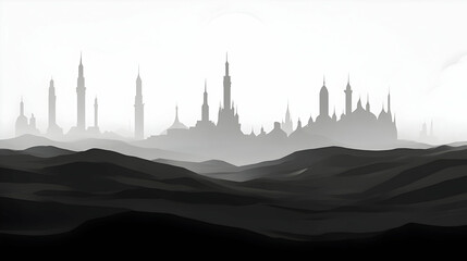 Abstract Monochrome Cityscape with Pixelated Terrain and Silhouetted Buildings Against Gradient Sky in Black and White