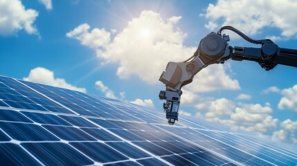 A robotic arm in a solar panel manufacturing plant, assembling photovoltaic cells with AI precision for solar energy solutions, Solar-tech style