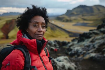 Fototapeta premium Portrait of a middle aged adult black woman hiking in Volcanic Landscapes in Iceland