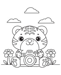 Coloring book tiger photographer with a camera, sitting between flowers under a cloudy sky
