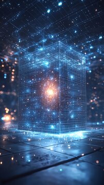 A digital art illustration of a holographic energy field with light rays, a technological grid, and a glowing blue cube symbolizing airflow