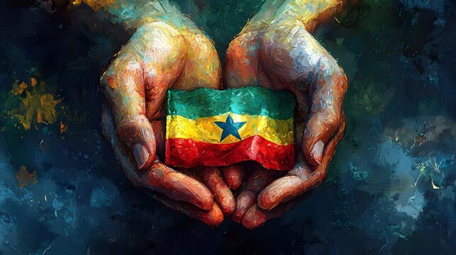 Hands holding Senegal flag, painted style, dark background