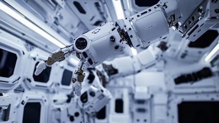Fototapeta premium A robotic arm in a space robotics lab, assembling robotic arms for space exploration with AI precision, Space-tech style