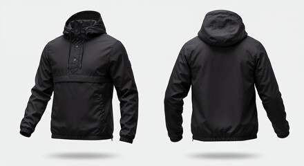 Stylish Black Pullover Rain Jacket Front and Back View for Product Display