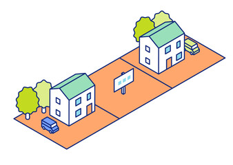 住宅地・分譲地・土地販売のアイソメトリックイラスト。住宅地の空き地が売却・販売されている。 ©  Mercer