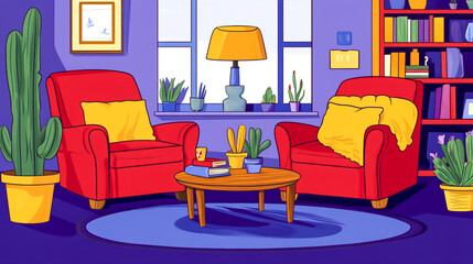 Cute cartoon vector illustration of a cozy living room interior with red armchairs