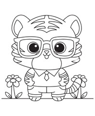 Coloring book tiger businessman with glasses and a tie, standing between flowers