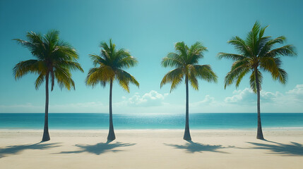 Obraz premium Four Palm Trees on a Sunny Beach with Blue Ocean
