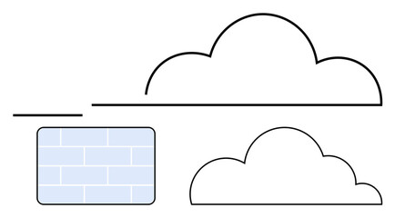 Two cloud shapes connected by a line with a brick wall in the path symbolizing disruption or obstacle. Ideal for technology, innovation, communication, barriers, cloud storage, solutions, concepts