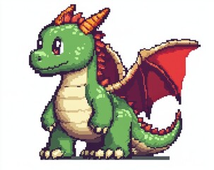 Fototapeta premium Pixel Art Green Dragon Standing Isolated with Red Wings and Horns