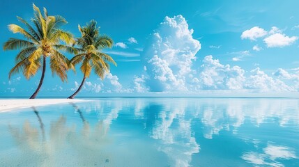 Crystalclear sky over tropical islands, reflections of palm trees and clouds on the calm turquoise ocean