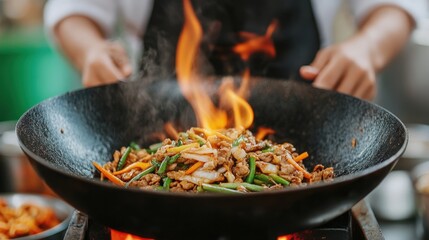 Chef skillfully tossing fresh ingredients at a vibrant fusion food stall ignites culinary passion