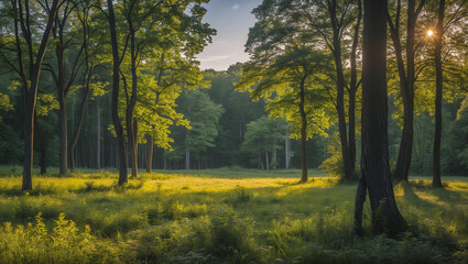 Obraz premium Sunlight Filters Through Green Trees in Quiet Forest..