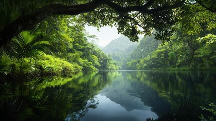 Obraz premium Dense jungle with a hidden river, overhanging branches and tropical plants, calm water reflecting the lush environment