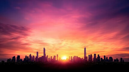 Fototapeta premium Dramatic sunset behind a silhouette of a city skyline, skyscrapers glowing under vibrant red and purple skies