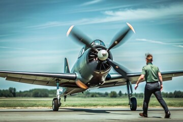 Happy ground crew prepared private light plane for take off
