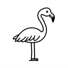 Simple black and white line art illustration of a cute flamingo doodle icon