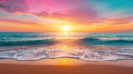 Fiery pink and orange sunset sky above ocean waves, water reflecting the brilliant colors in a serene seascape