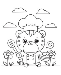 Coloring book tiger chef with a tall chef's hat, holding a spoon and cake, standing between flowers under a cloudy sky