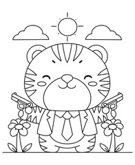 Coloring book tiger gangster with a suit and guns, standing between flowers under a sunny sky with clouds