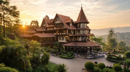 Obraz premium Sunset event at scenic mansion idyllic landscape photography serene environment aesthetic viewpoint