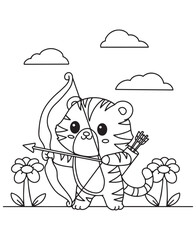 Coloring book  tiger archer with a bow and arrows, aiming between flowers under a cloudy sky