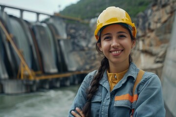 Portrait of a smiling young Hispanic female engineer at hydroelectric plant