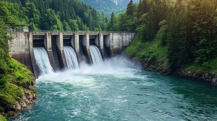 Large hydroelectric dam with a spillway releasing water, dramatic contrast between structure and flowing water