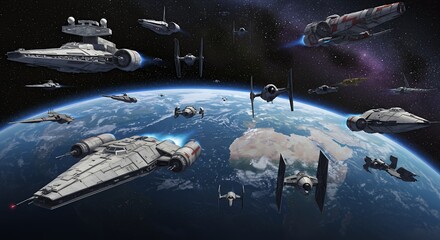 Spaceships Flying Around the Earth in Outer Space Themed Digital Art