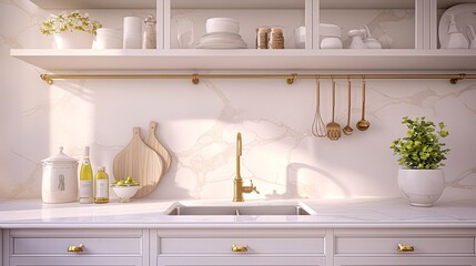 Elegant modern home kitchen interior, golden faucet and stove, empty countertop space to add text or design, clean and spacious cooking area with natural light, high end kitchen decoration concept.