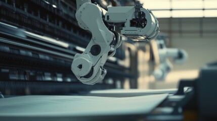 Fototapeta premium A robotic arm in an advanced textile factory, assembling automated weaving machines with AI precision for high-quality fabrics, Textile-tech style