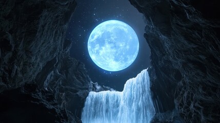 Fototapeta premium A glowing blue moon rising above luminous waterfalls in a deep crystal gorge, stars dancing in the mist
