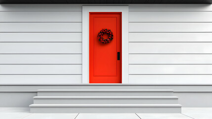 Red Front Door with Christmas Wreath on White House Exterior