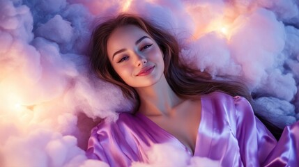 A beautiful woman with long hair, wearing a purple silk robe, is laying on a gigantic fluffy cloud, smiling with her eyes open, looking at the camera. This is a close-up portrait photograph 