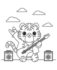 Coloring book tiger rockstar playing an electric guitar with speakers and clouds.