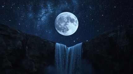 A floating moon above twin waterfalls falling in opposite directions, stars glowing in a cosmic balance
