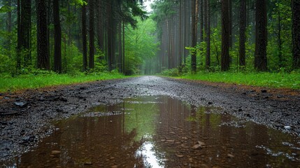 Obraz premium Rainy forest road with puddles reflecting overhanging trees, soft mist filling the air, moody atmosphere