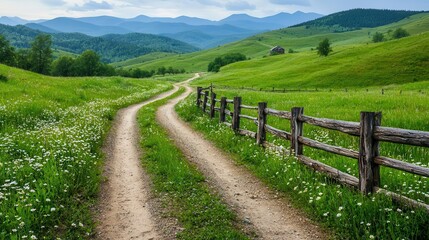 Fototapeta premium Rural dirt road through rolling green hills, scattered wildflowers and a rustic wooden fence