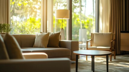 Fototapeta premium Cozy living room showcase modern home interior design bright atmosphere wide angle comfort and style