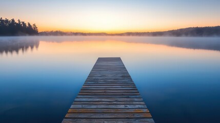 Naklejka premium Serene lake with a wooden pier stretching into the calm water, mist hovering above the surface at sunrise